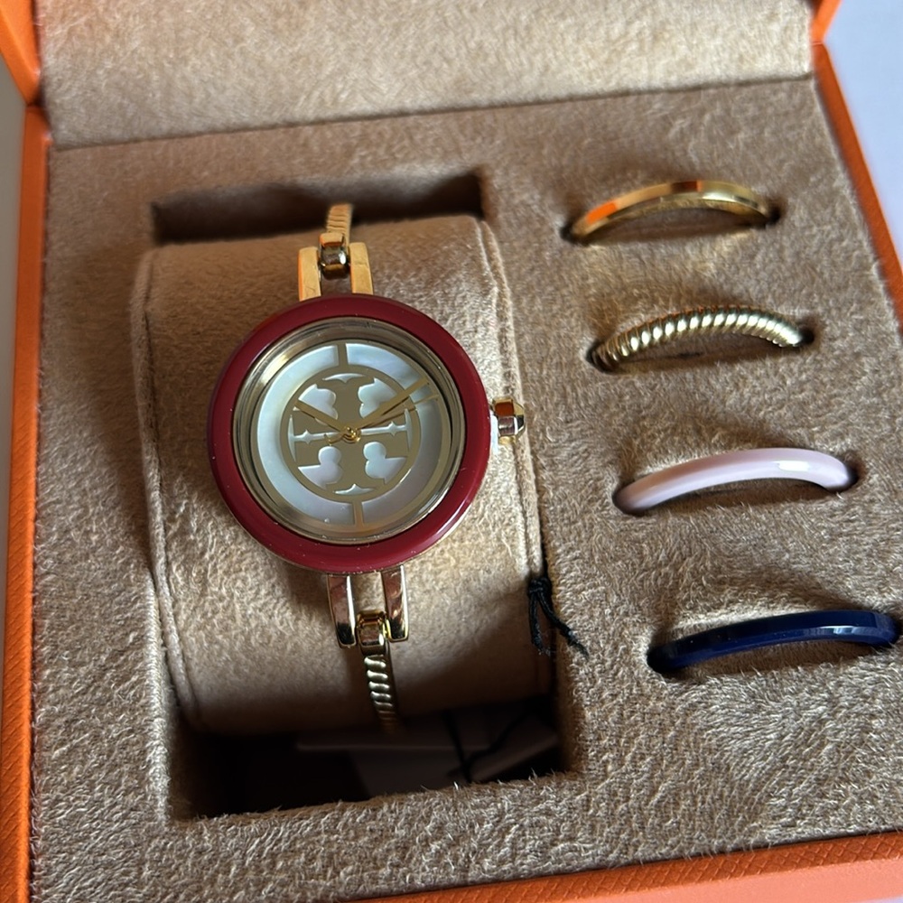 Tory Burch Reva Gold-Tone Stainless Steel Bangle Bracelet Watch 27mm Gift Set - Picture 5 of 13